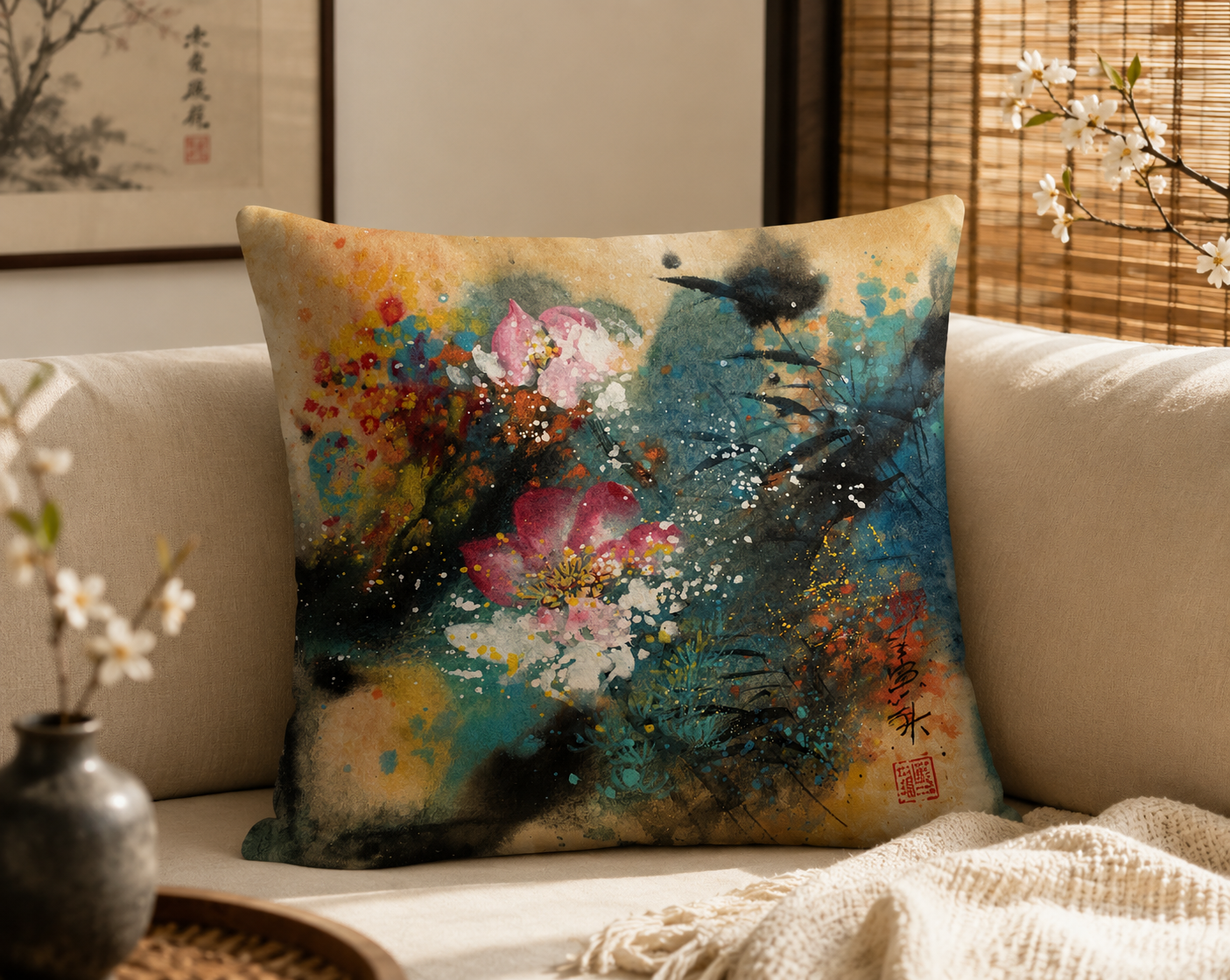 Housse de Coussin Artistique – Fleur Aquarelle Inspirée de l’Œuvre Originale de SENSU Studio