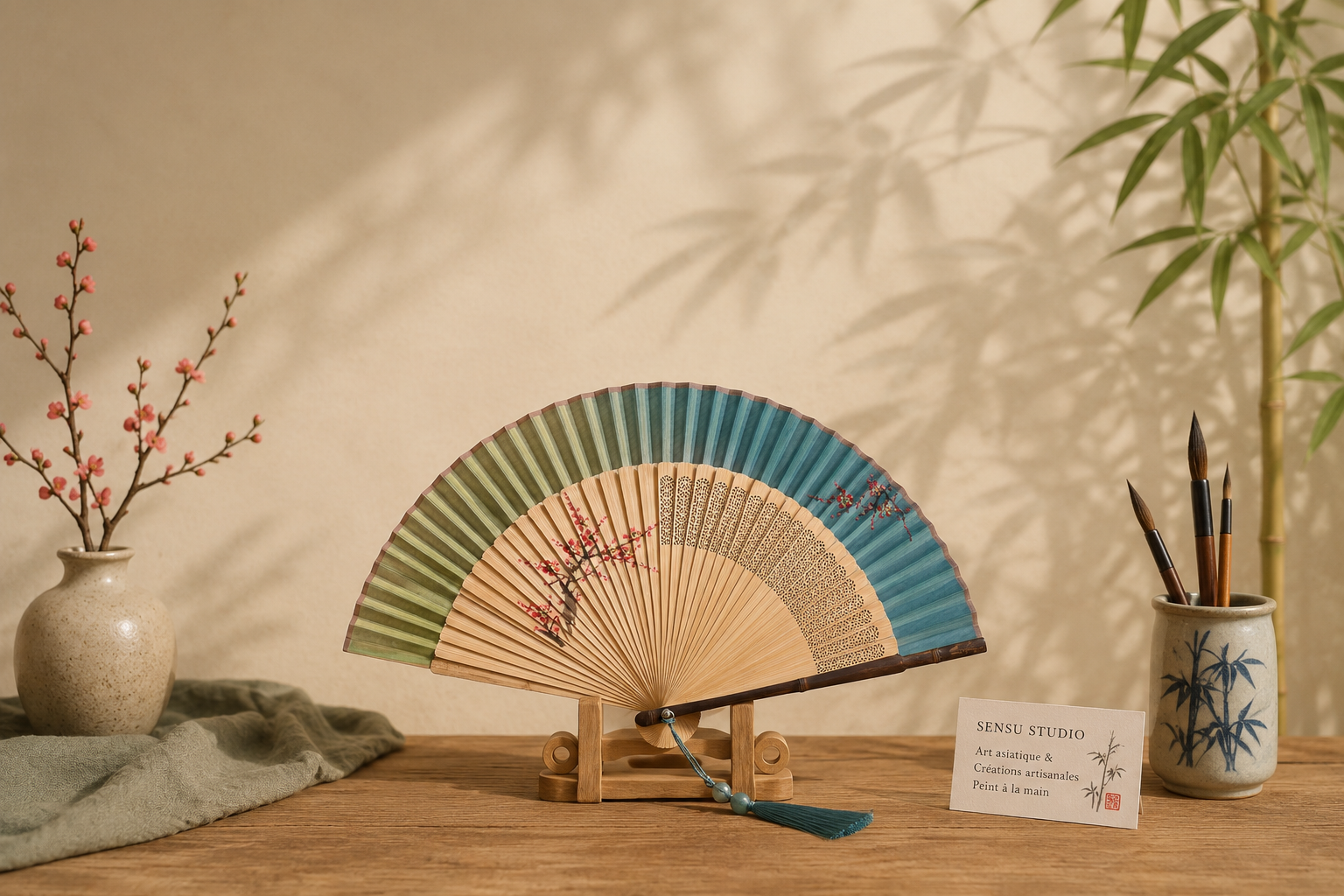 Éventail d’Art en Soie Naturelle – Peinture Traditionnelle de Fleur de Prunier