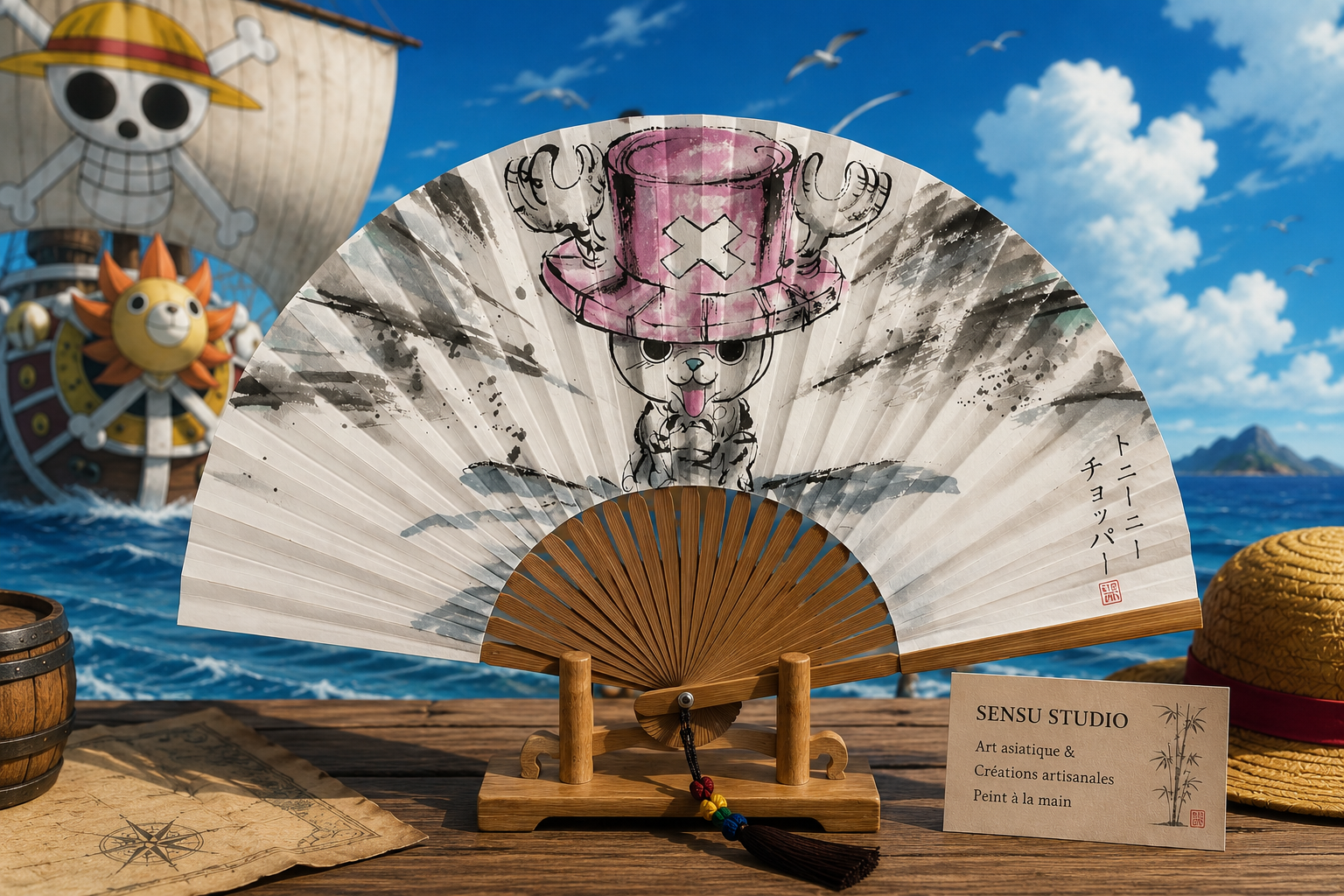 Éventail peint à la main inspiré de One Piece