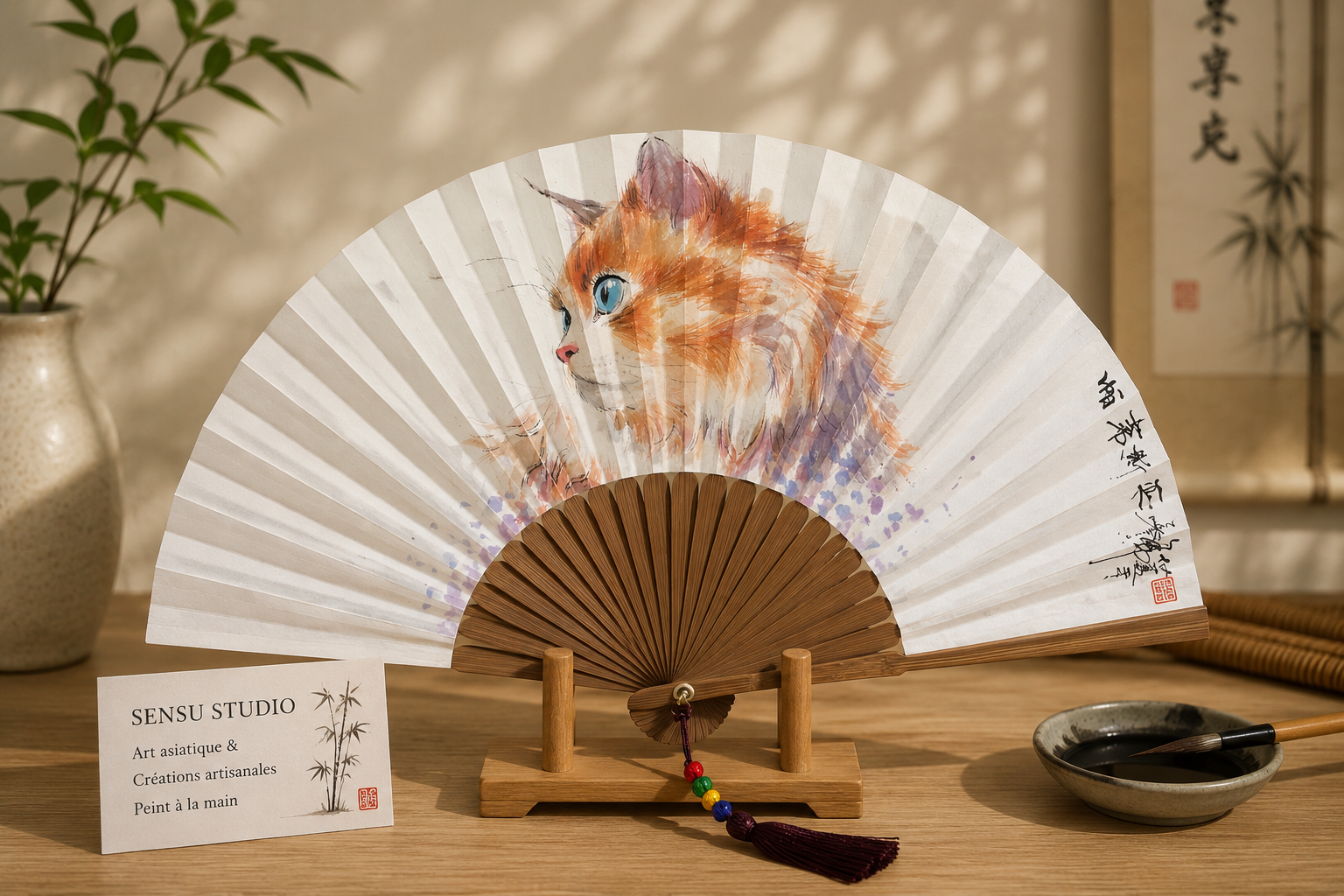 Éventail peint à la main – Portrait de Chat à l’Aquarelle
