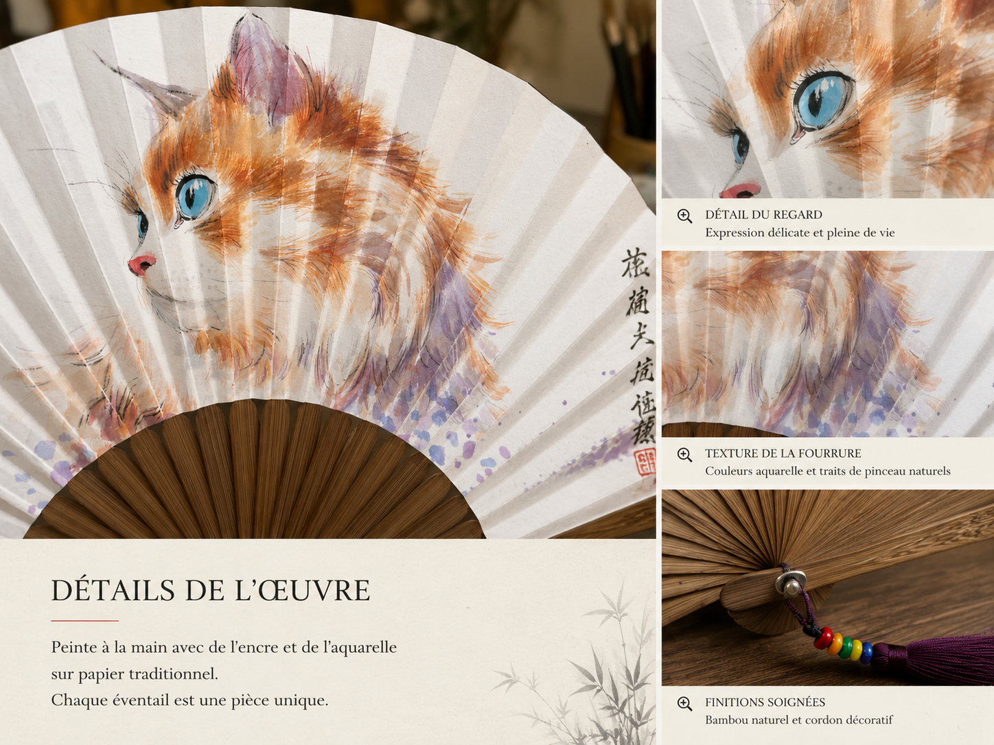 Éventail peint à la main – Portrait de Chat à l’Aquarelle