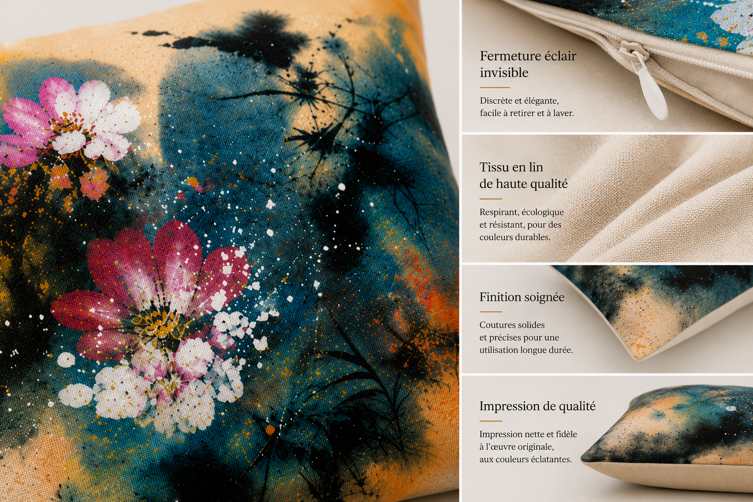 Housse de Coussin Artistique – Fleur Aquarelle Inspirée de l’Œuvre Originale de SENSU Studio