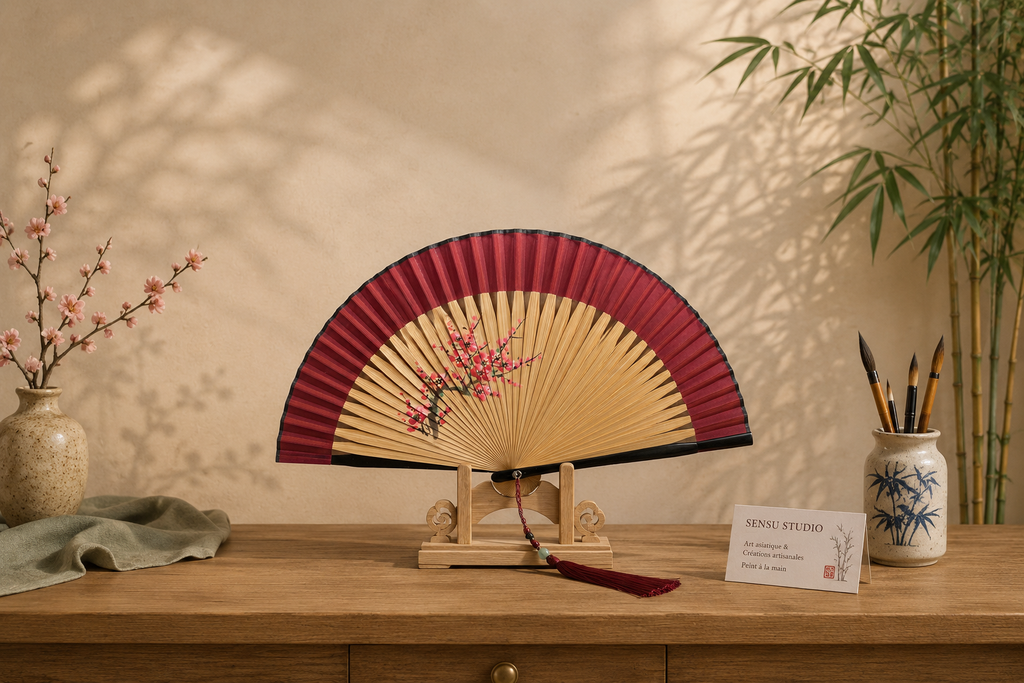 Éventail en soie peint à la main – Fleur de Prunier | Bambou naturel | Création artisanale