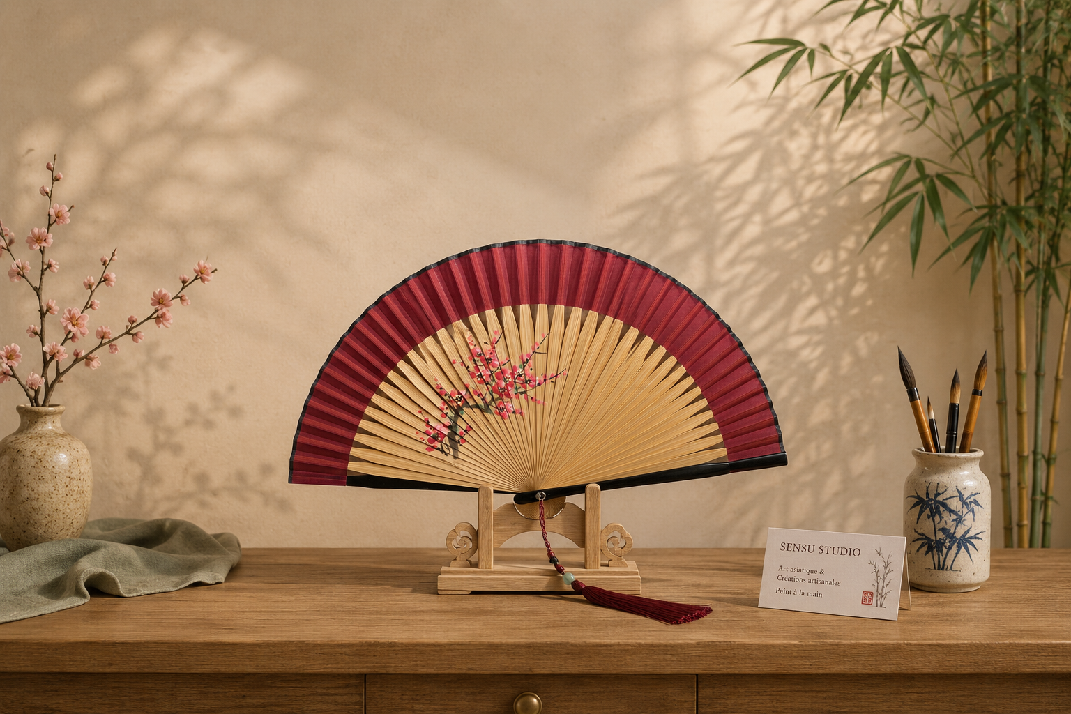 Éventail en soie peint à la main – Fleur de Prunier | Bambou naturel | Création artisanale
