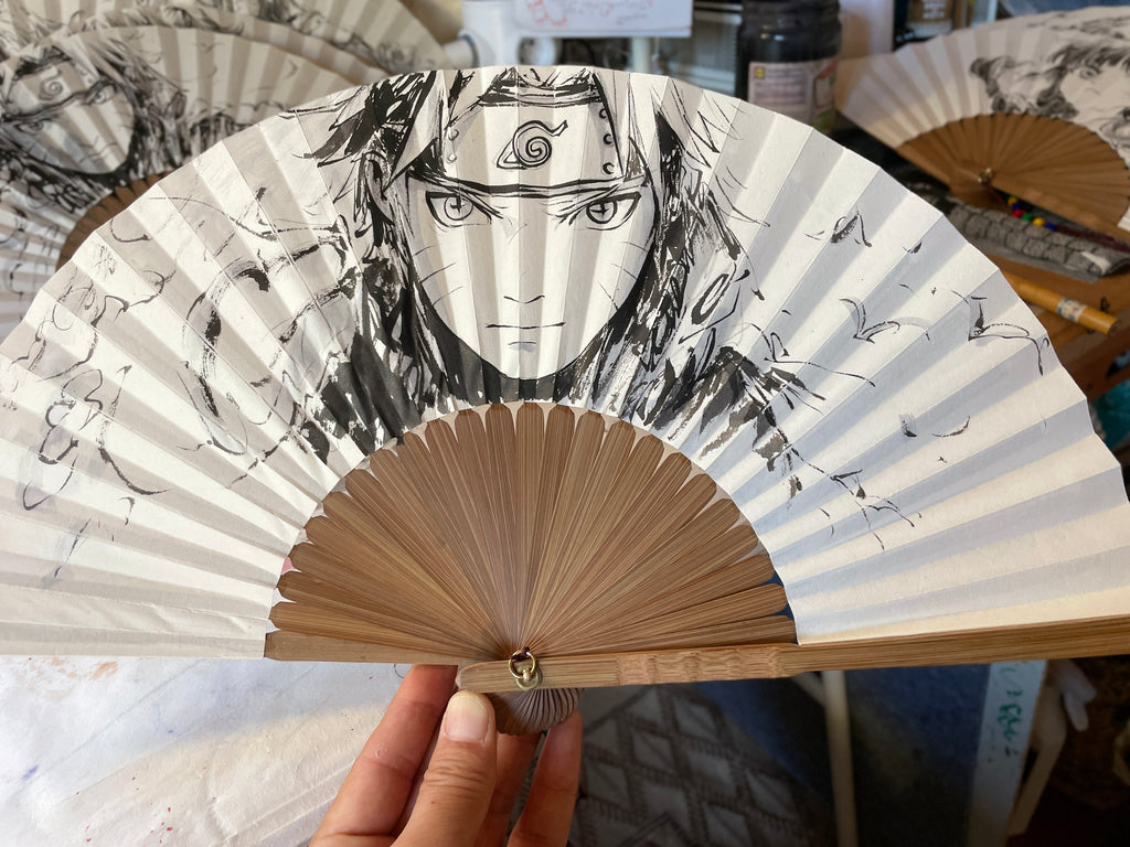 Hand-painted Anime Folding Fan – Naruto (ナルト) Ink Style, Black & White, Customizable