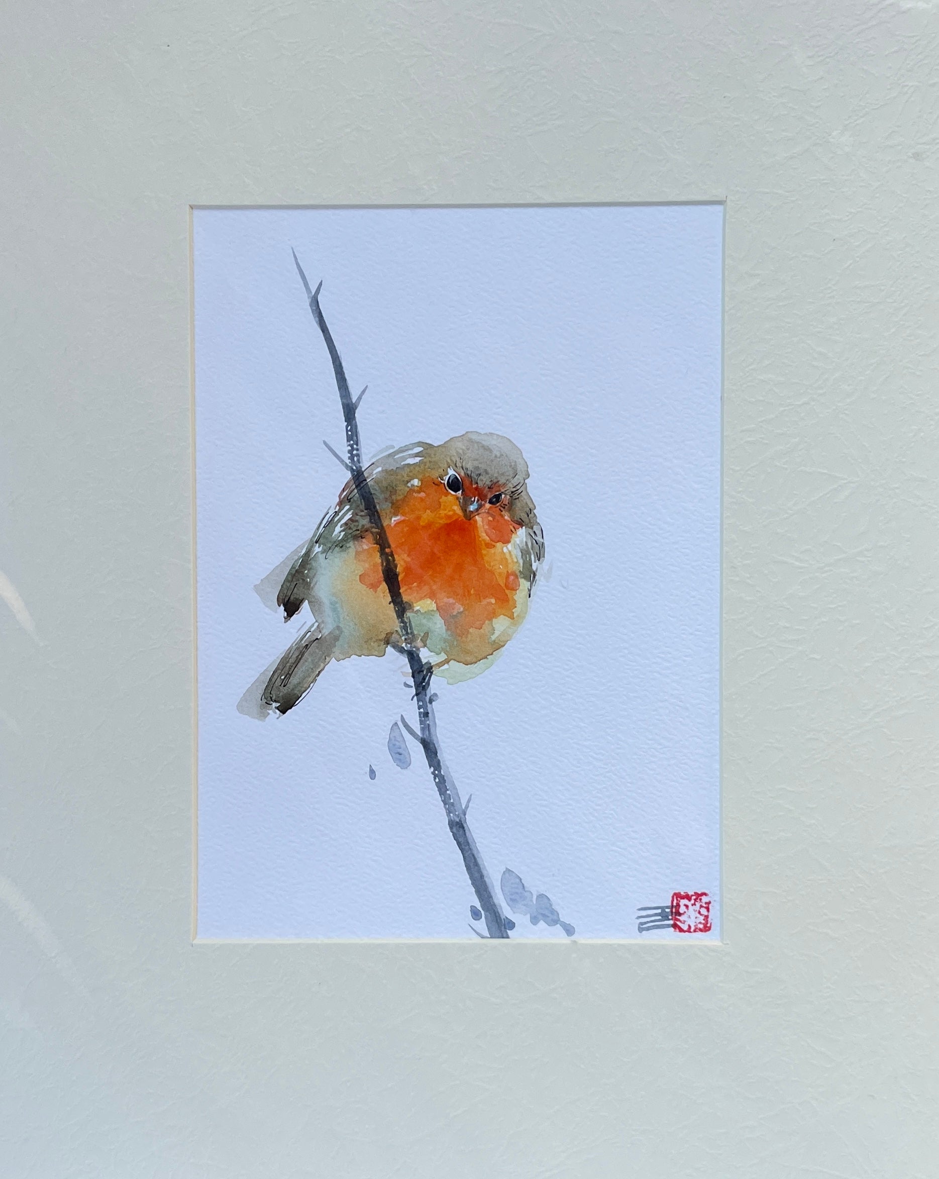 Petit rouge-gorge sur branche – Aquarelle originale